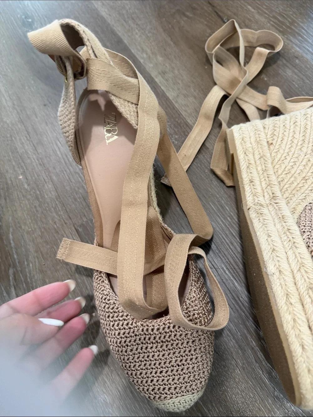 Zara Beige Crochet Tie-Ankle Espadrille Flats